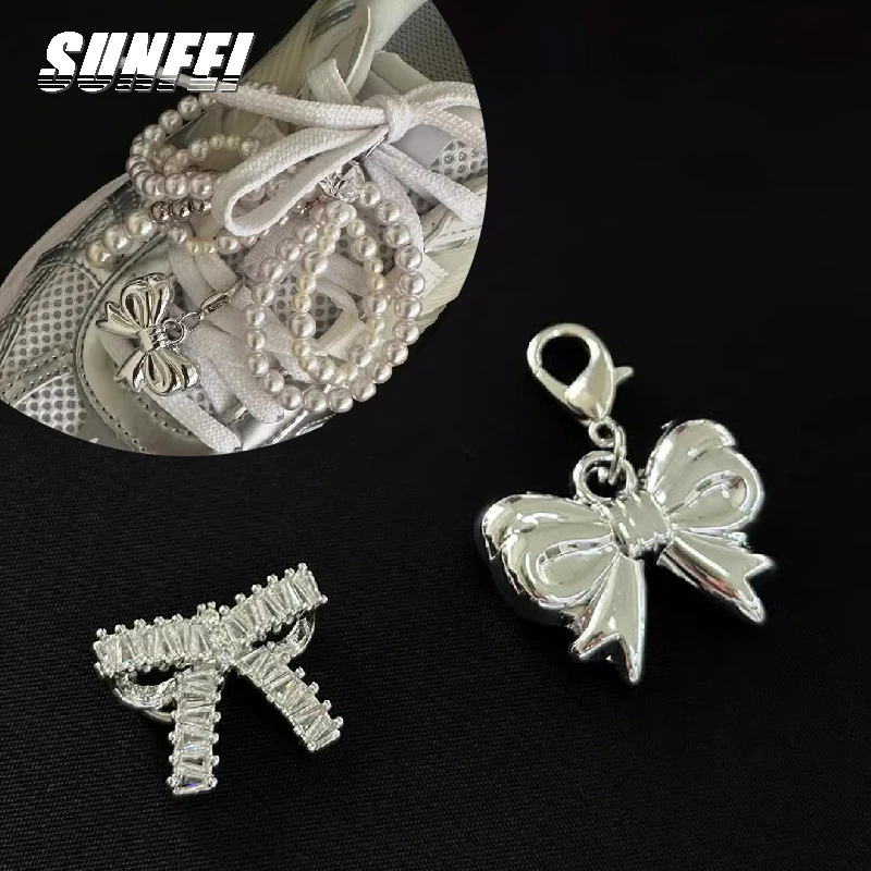 sunfei custom silver Shoe Buckle Removable Shoelace Charms Shoelace Decorative Clip Bling Glitter Bow shoelace buckle Metal Tag