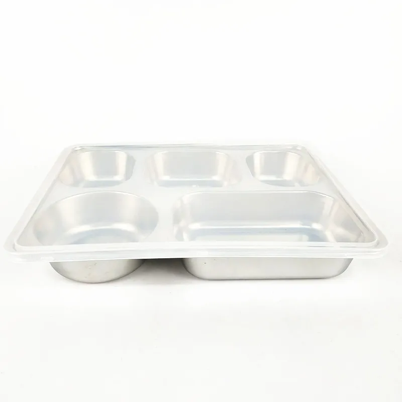 Stainless Steel 5 Compartments Rectangular Plates, Thali, Mess Tray, Dinner Plate Set for hospital