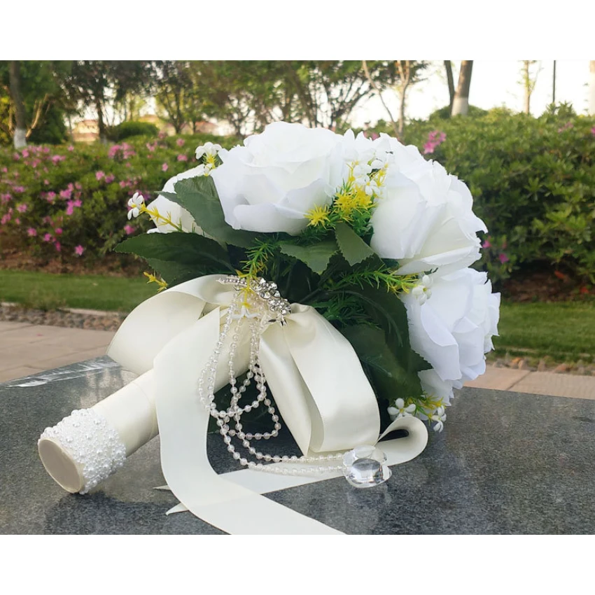 Wedding Bridesmaid Bridal Bouquet Romantic Artificial Rose Flowers White