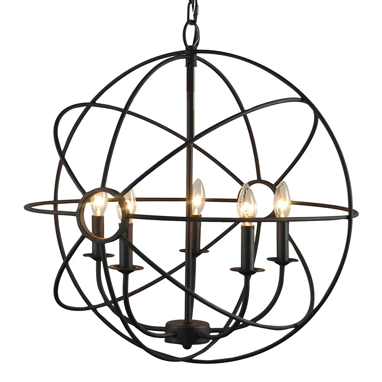 5-Light Antique Black Sphere Cage Globe Flush Mount Chandelier