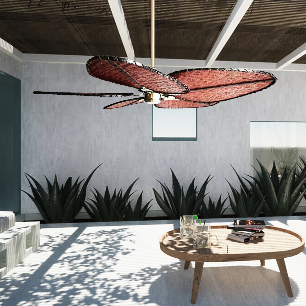 Island Fan Natural Hand-woven Rattan 5 Blades 52cm Remote Control Ceiling Fan