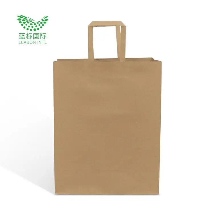 Wholesale custom 100% eco friendly brown kraft paper shopping packaging flat rope handle gift bag for christmas