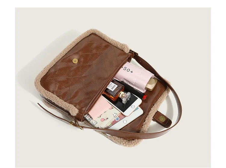 Factory Custom Faux Fur Satchel Shoulder Bag Brown Geometric PU Leather Sling Bags For Women Girls