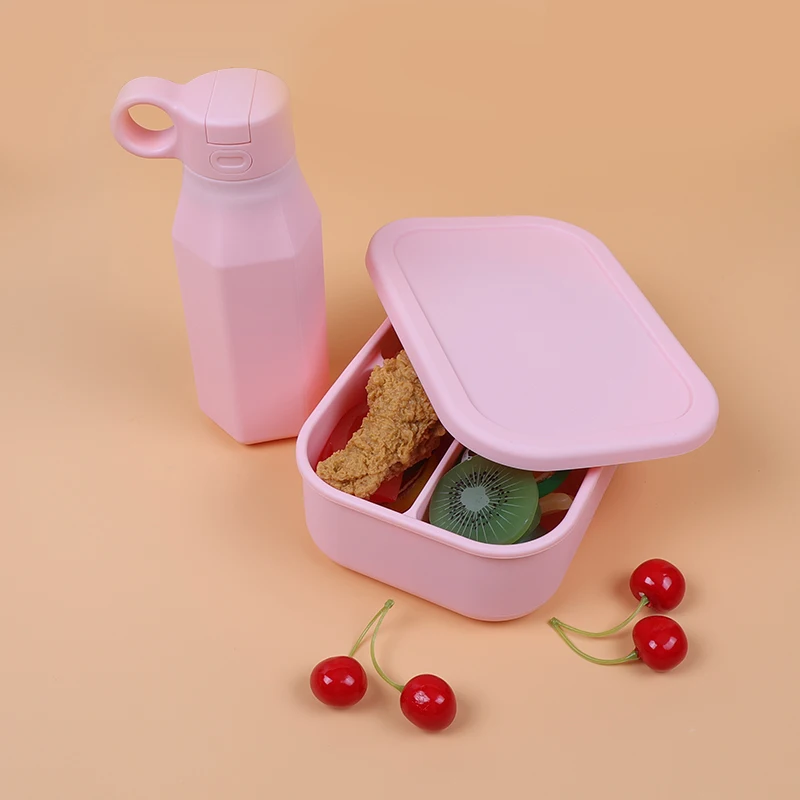 School Portable 800ml 3 Compartment Leakproof Silicone Lunch Box Water Bottle Set Bpa Free Silicone Bento Box For Kids