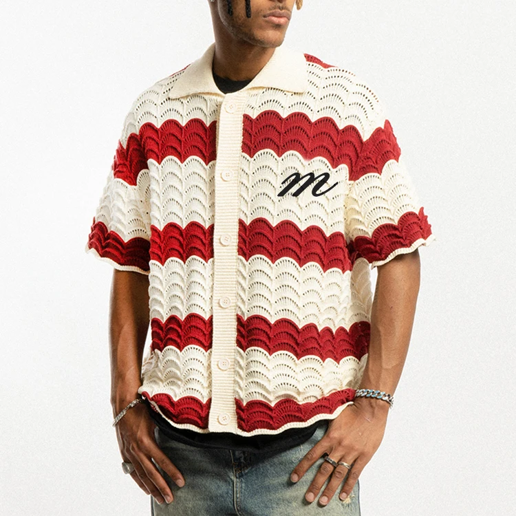 Custom Men Openwork Crochet Sweater Shirts Soft Knitted Top Button Summer Cotton Knit Short Sleeve Knitted Football Jersey
