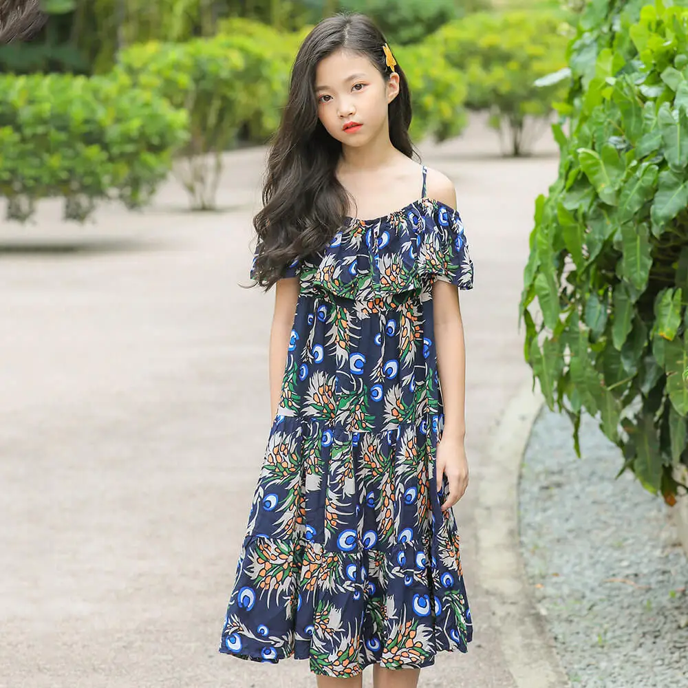 
2020 New Summer Party Princess Red Floral Ruffle Lace Hem Flutter Maxi Child Off The Shoulders Frock Girls Slip Dress For Kids 