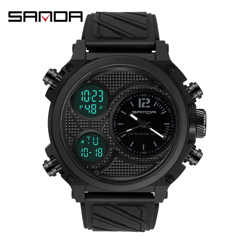 Newly sold sanda checkered black large dial 12/24 hour set time alarm clock classic digital watch men creativity
