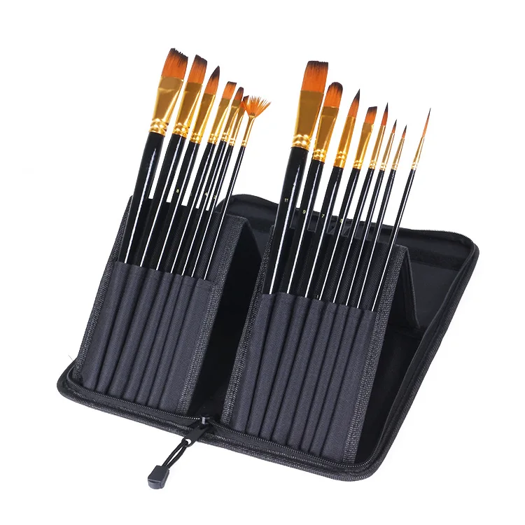 15 Pieces Acrylic Paint Brush Set Long Handle Paint Brushes Gouache Painting Brushes with Zipper Case