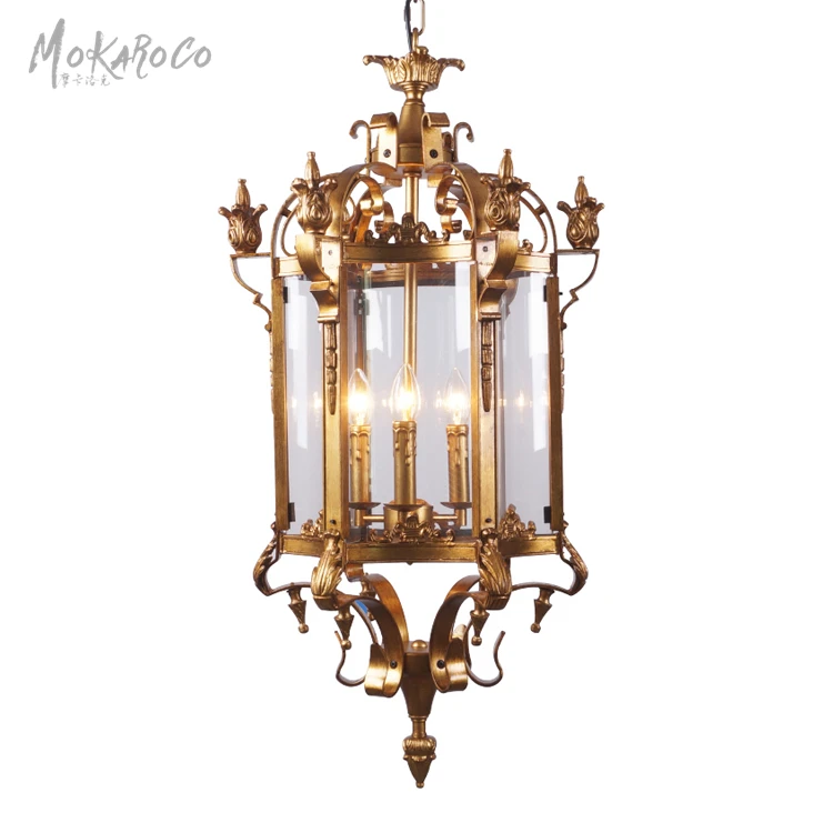 
Cage chandelier gold foil of the ancients light American retro hexagonal glass chandelier Roman gothic courtyard ceiling lamp 
