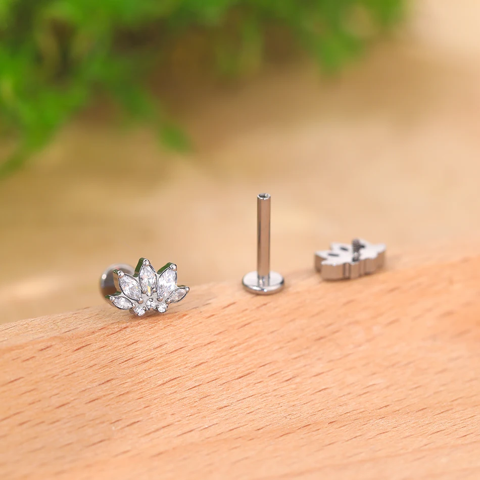 Lingchee ASTM F136 Titanium Thread Lip Rings CZ Helix Conch Labret G23 Titanium Flat Back Tragus Cartilage Earring Piercings