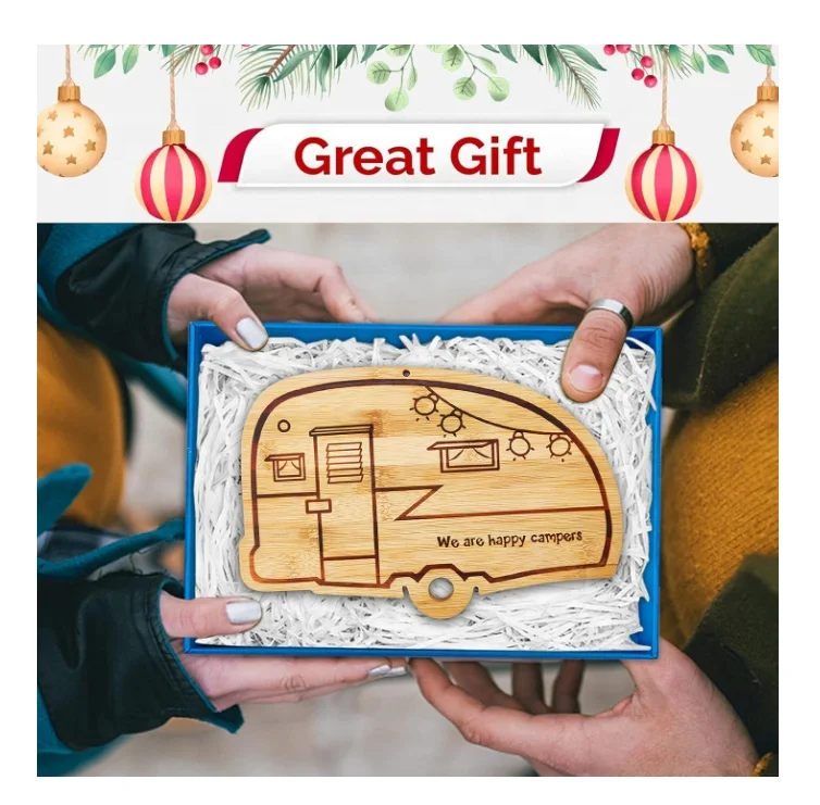 Camper Decor RV Gift Retro RV Engraved Camping Happy Camper Bamboo Cutting Board