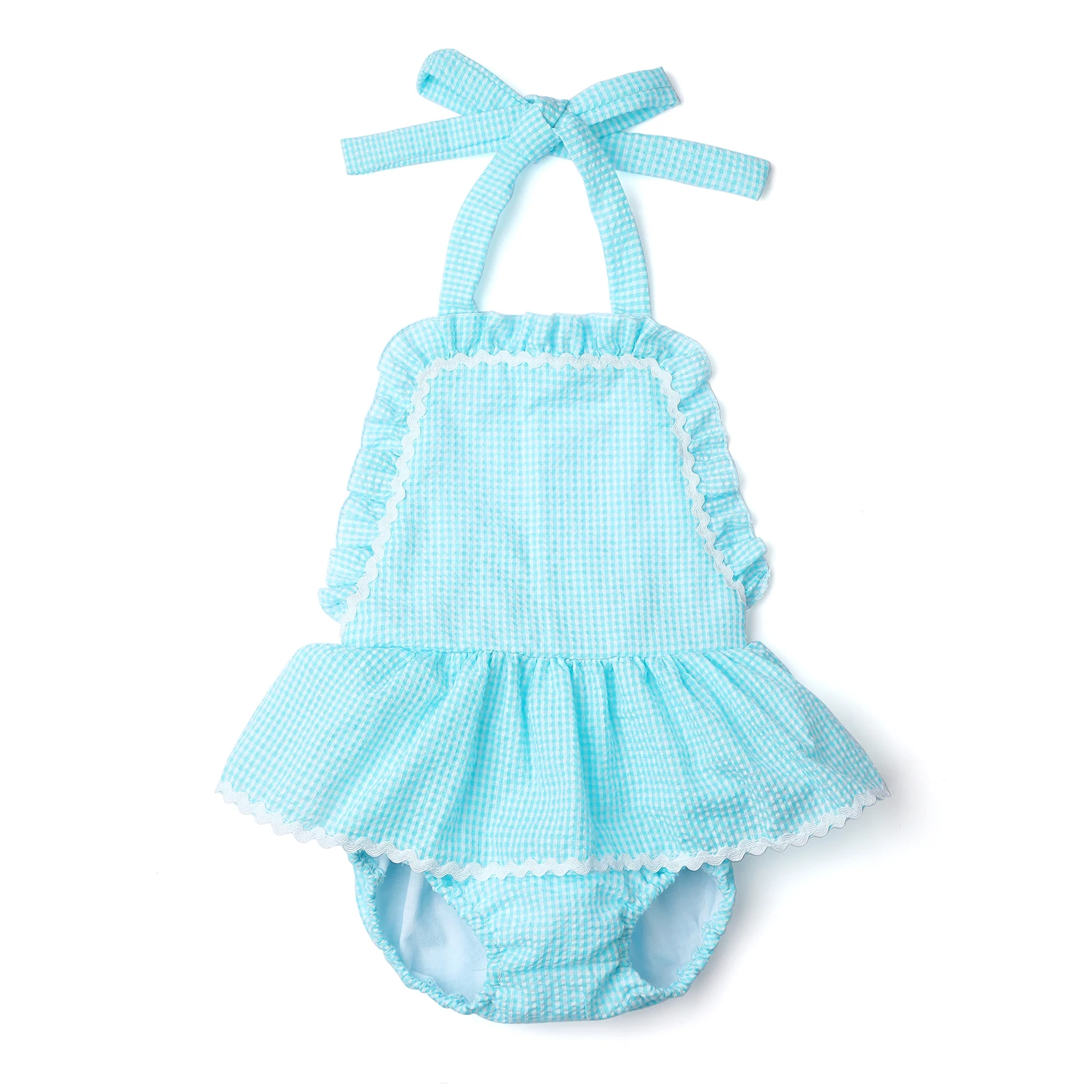 Monogram seersucker swimsuit kid girls with ruffle  one piece bathing suit swimwear summer baby toddler swimsuit