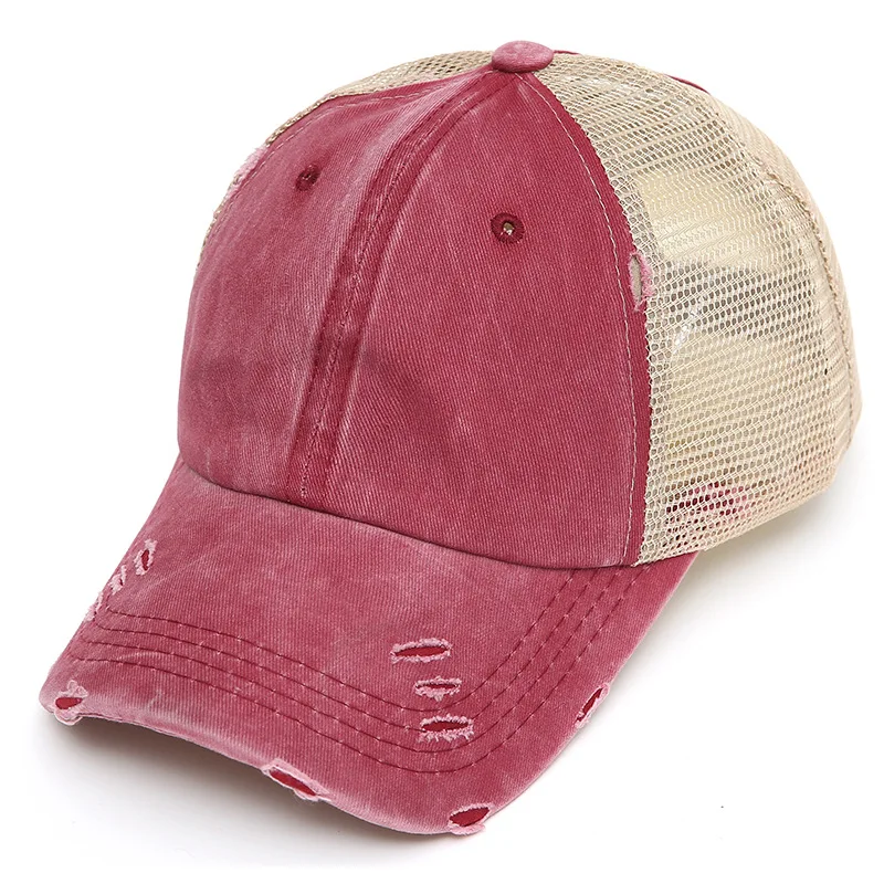 2024 new arrival womens ponytail washing cotton vintage old looks mesh baseball cap with custom logo