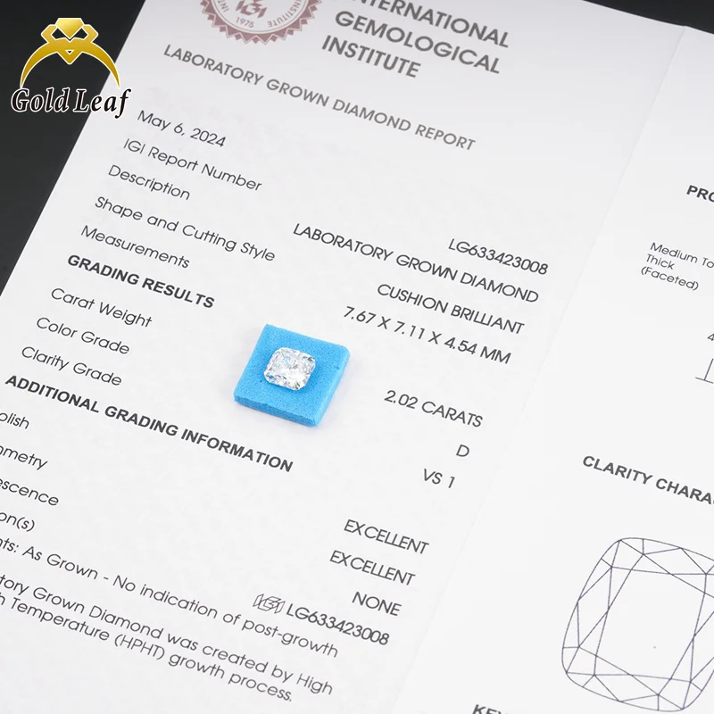 Goldleaf лидер продаж 10 карат большой размер CVD лабораторный Алмазный сертификат IGI электронный цвет vvvs прозрачная подушка Выращенный алмаз