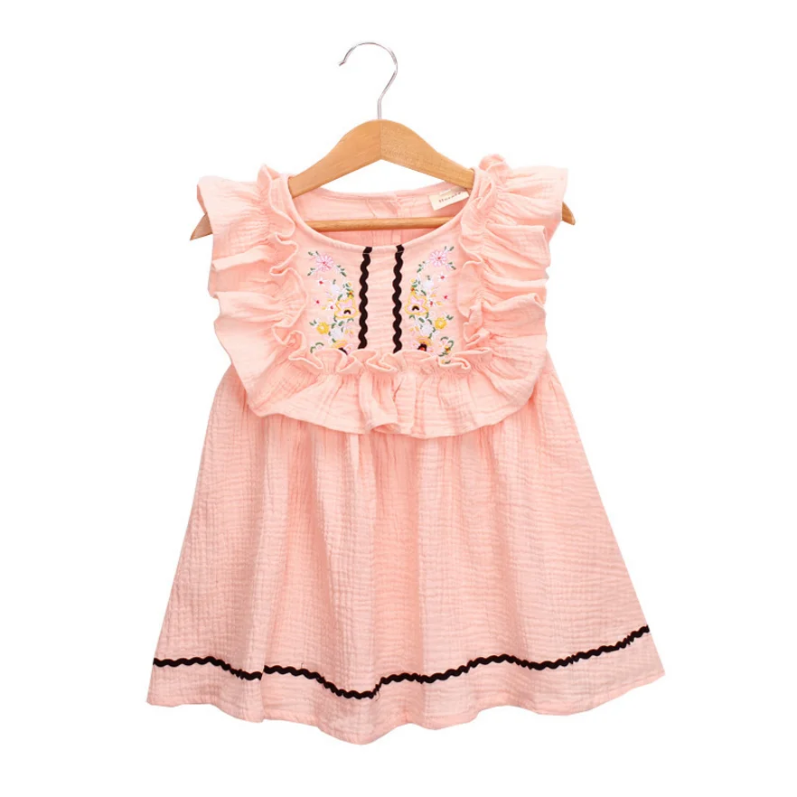 Hot sale baby girl ruffle dress sleeveless floral printed frock summer lovely linen baby dresses