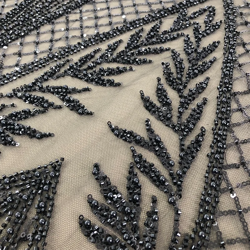 Fashionable beaded sheer lace fabric with black pearl beaded lace embroidery WS3398