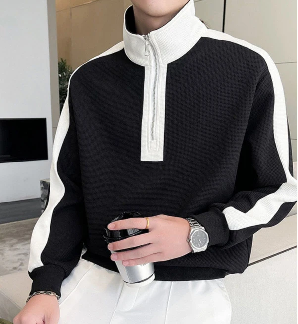 Fall color patchwork half-zip stand-up collar waffle fabric sweatshirt for men