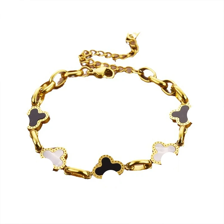 Forest Style Niche Design Sweet Girl Jewelry Black And White Four-Leaf Clover Stainless Steel Bracelet Women