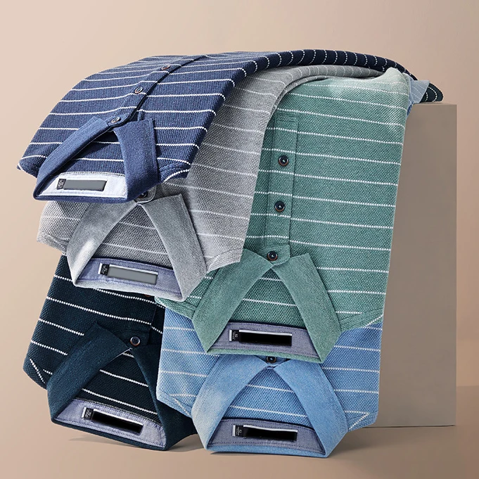 Custom Polyester Cotton Fabric Casual Clothes Men Oem All Over Stripe Golf Polo Shirt