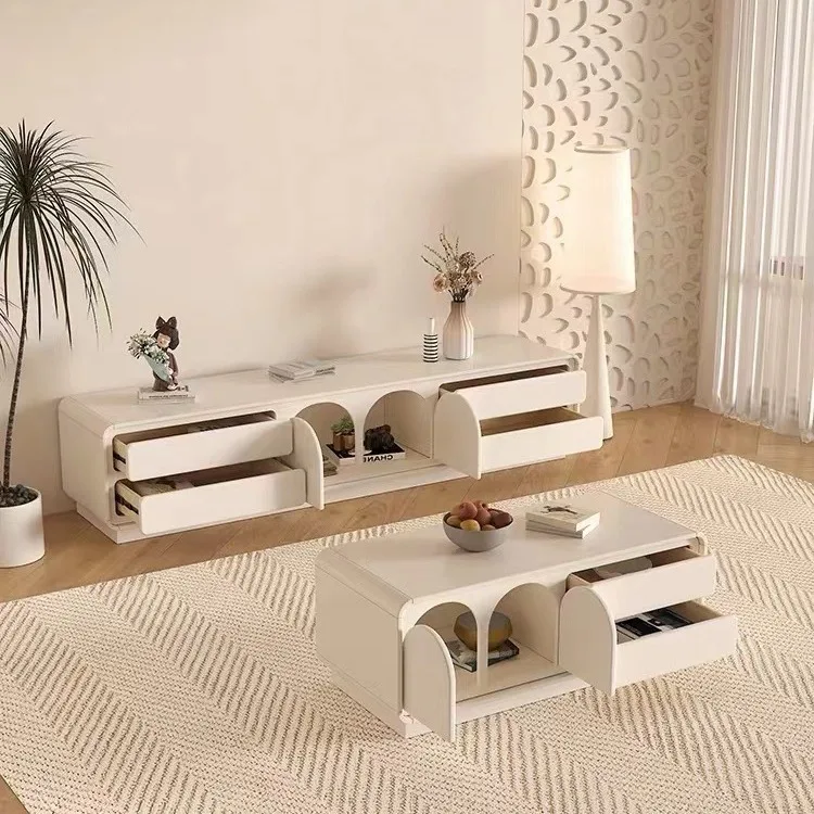 Small Household Cream Wind Coffee Table with Integrated TV Cabinet Storage for Living Room or Bedroom Furniture JY-C147