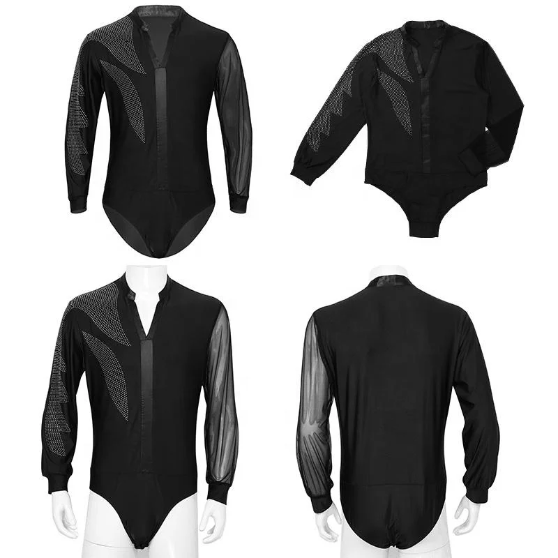 
Men Adults V-neck Side Shiny Rhinestones Long Sleeve Ballroom Latin Tango Rumba Dance Shirt Leotard Bodysuit Shirt Tops 