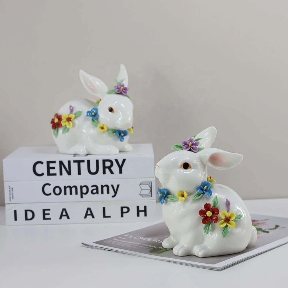 Factory Wholesale Ceramic Easter Rabbit Ornaments Easter Bunny Rabbit Figurines Statue for Home Decor