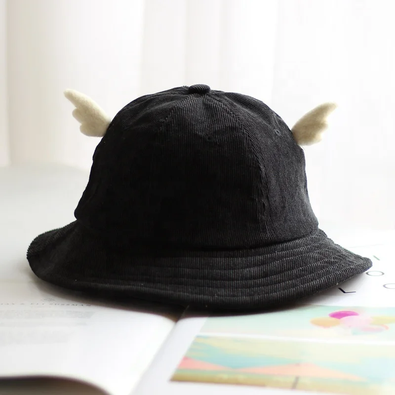 Cute Fashion Children Kids Yellow Corduroy Bucket Hat With Horns Dome