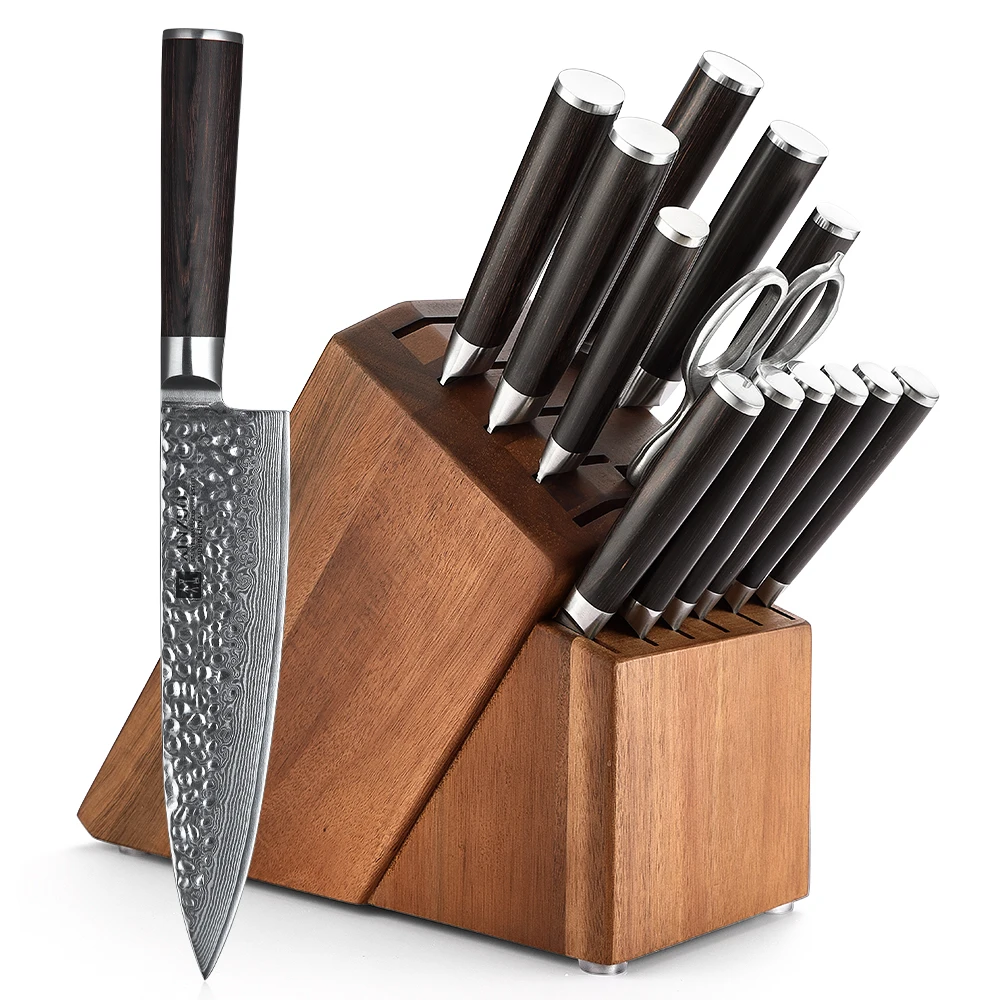 XINZUO Professional Kitchen 15 pcs Knife Sets Japanese Style Damascus Steel Pakka Wood Handle Knives with Wooden Block