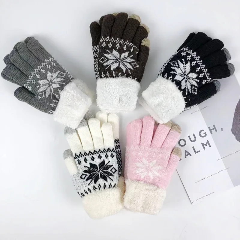Перчатки женские зимние двухслойные толстые кашемировые вязаные перчатки с рисунком снежинок для катания на лыжах и сенсорных
