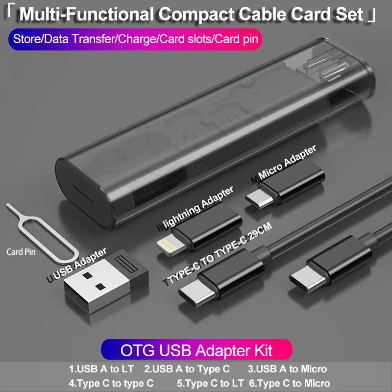 Huien Multifunctional Compact Cable Card USB Micro SD Card Store Type-C to Type-C Fast Charging Cable with Micro USB LT Adapter