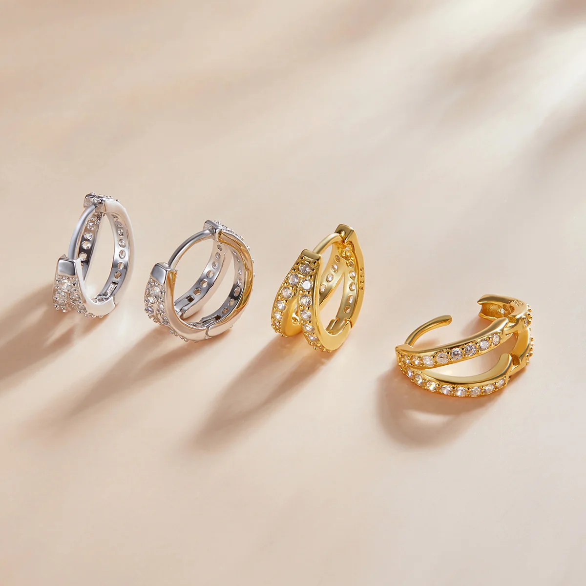 Spanish 925 Sterling Silver Modern Stylish Zircon Crystal Double Rings Ear Buckle Earrings Hoop for Women Wedding SCE1187