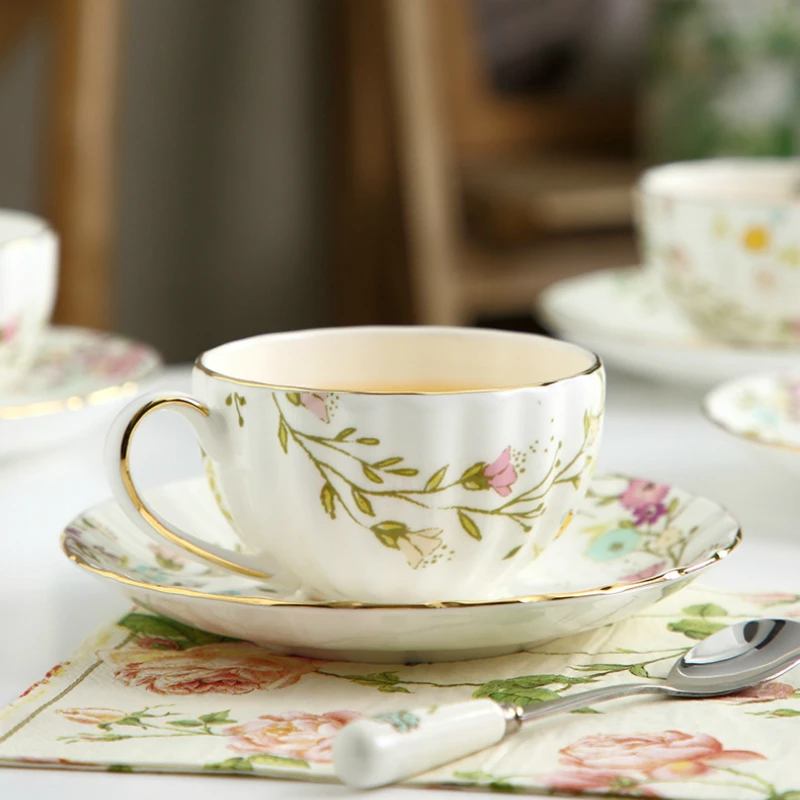 Hot sale 220ml bone china cup and saucer ceramic coffee cup for flower designs and golden lines factory direct high quality