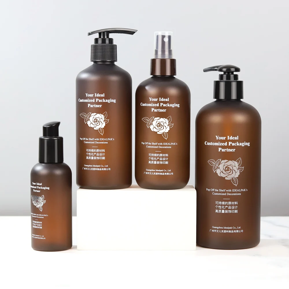Idealpak поставщик косметической упаковки оптовая продажа бостонские круглые бутылки объемом 100 мл ПЭТ янтарные пластиковые для лосьона