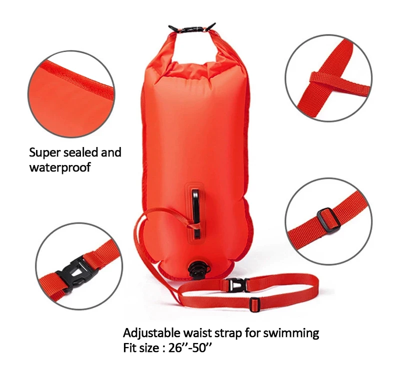 Custom Logo Swimming Training Aid 28L Dry Bag Waterproof PVC Dry Bag, Inflatable Swim Buoy Safe Swim Buoy
