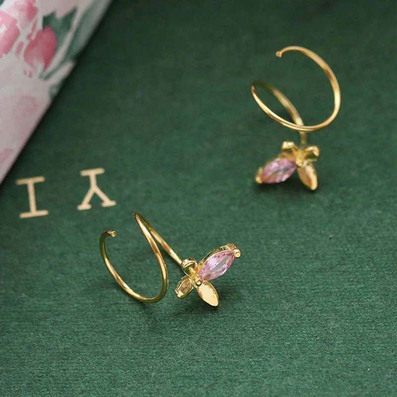 Hot selling sweet ladies jewelry spiral 925 sterling silver hoop pink zircon butterfly earrings