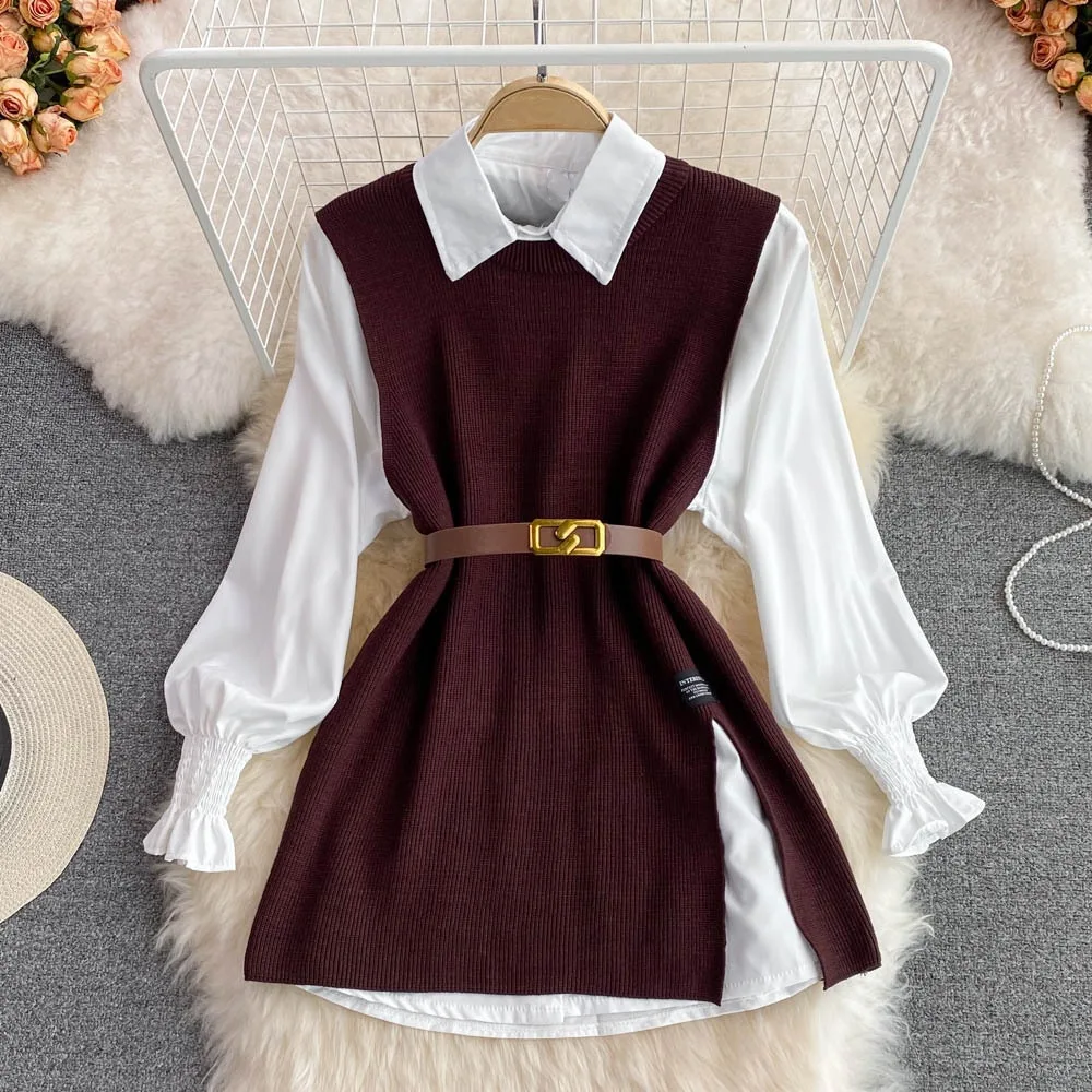 Spring and Autumn Women Long Sleeve Set White Shirt Sweater Loose Knitted Vest Shirt Two Piece Set For Women