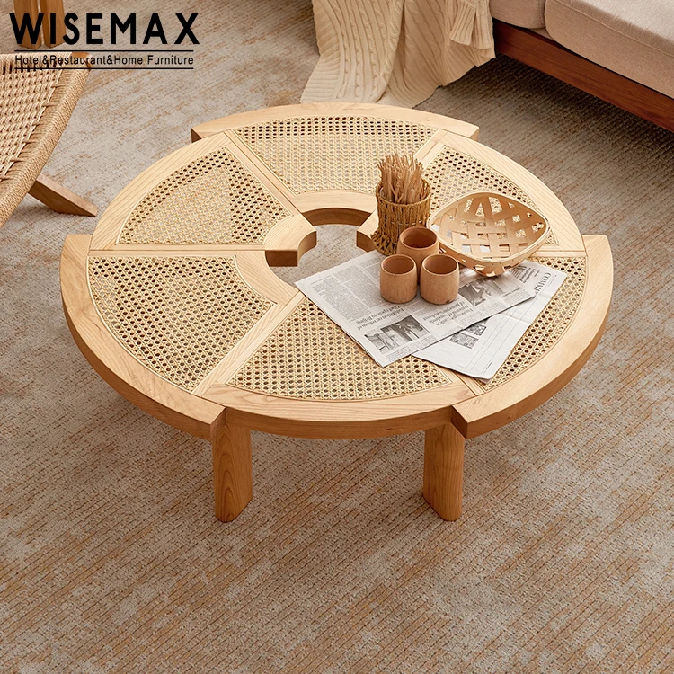WISEMAX FURNITURE  Charlotte Perriand Six Segment Round Rattna Cane Mesh Wooden Rio Coffee Table for Wabi-Sabi living room
