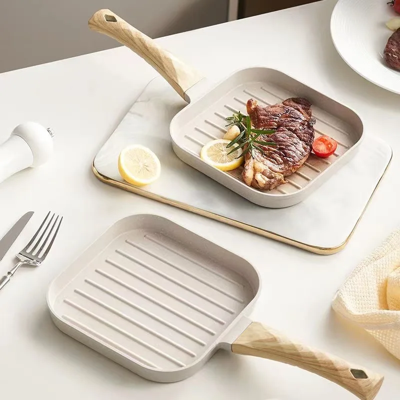 Light Weight 18cm Kitchen Cookware Breakfast Fry Pan Aluminium Square Shape Nonstick Stripe Steak Frying Pan