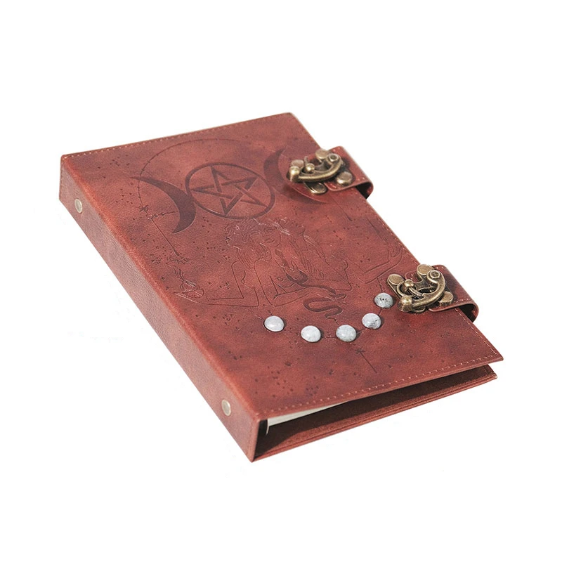 Leather notebook Handmade Brown Third Eye Stone Celtic Triple Moon Embossed Gemstones Vintage Daily Notepad Sketchbook Journal