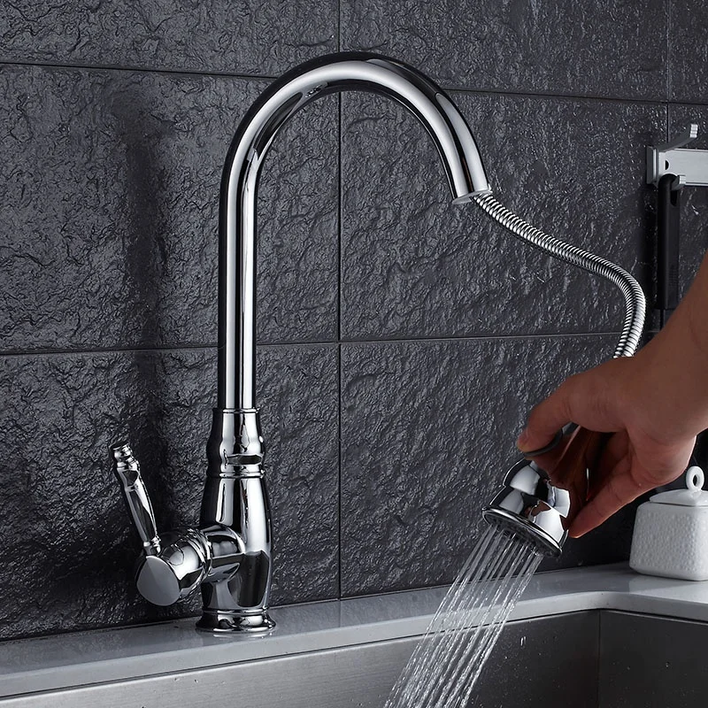 Economic Cheap Faucet Single Handle Pull Down Out Sparyer Flexible Hose Brass Kitchen Sink Water Mixer