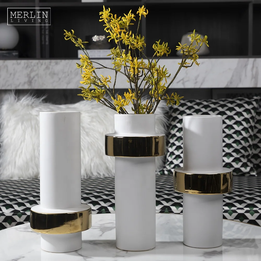 Merlin Modern Minimalist Ceramic vase decoration long cylinder gold round vase luxury decorative White for flower vases