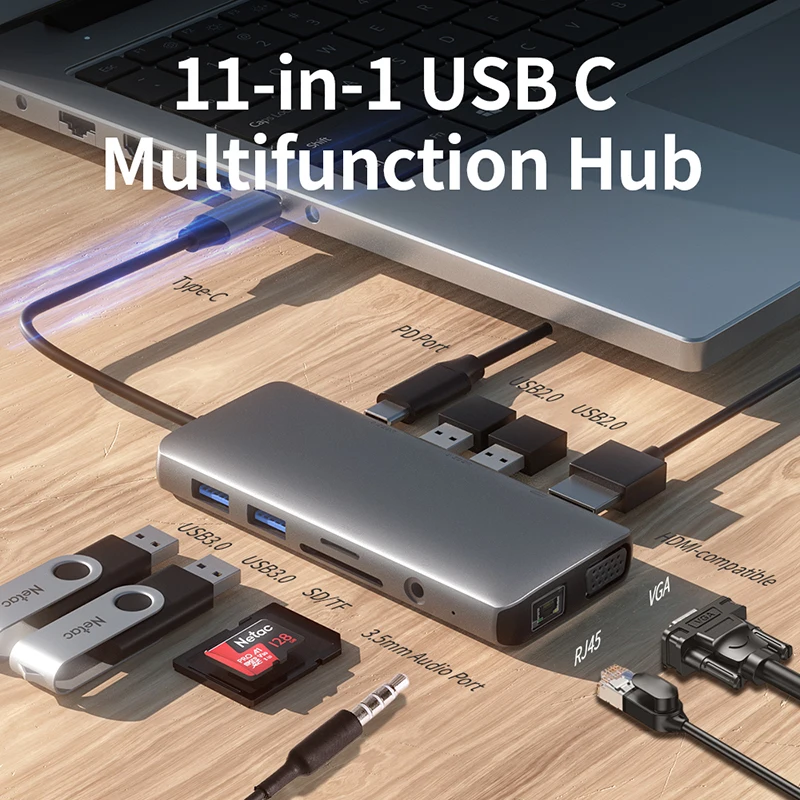 Netac Docking Station Laptop Type C 3.0 USB Hub 11 in 1 Multi-interface adapter extension dock Type C Data Por Charging OEM ssd