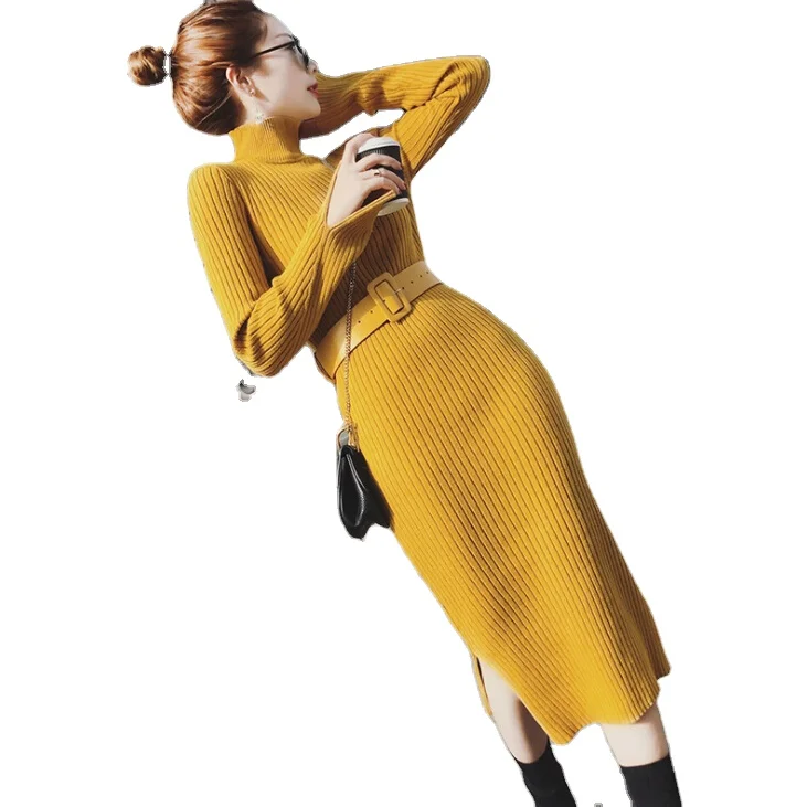 women knit long   turtleneck  thicken winter Korean style  fashion Sashes  furcal pure color