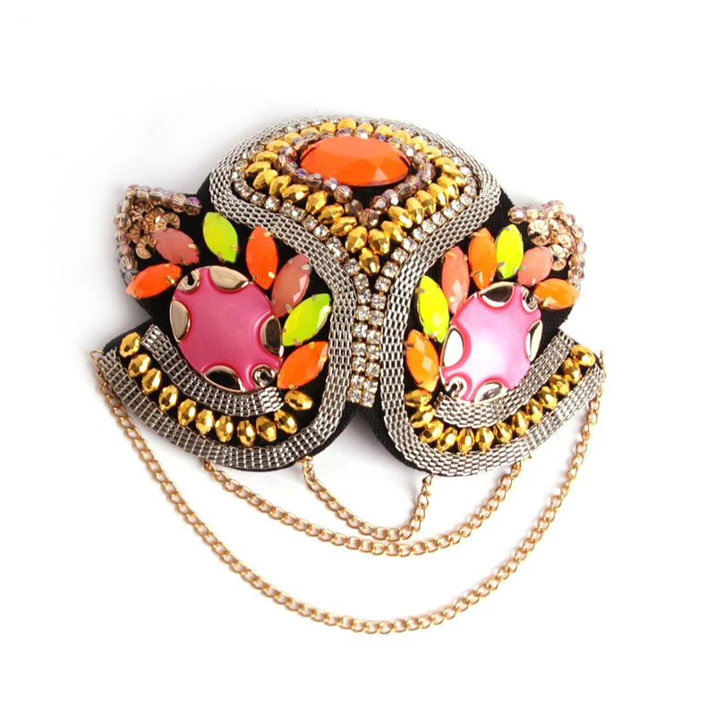 Jachon Charming Epaulet Fringed Tassel Metal Punk Shoulder Epaulettes With Colored Stones of Rivet