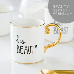 Luxury Gold Handle Ceramic Mugs Wholesale Porcelain Couple Mugs Beauty Beast Mugs Coffee Cups Gold Rimmed