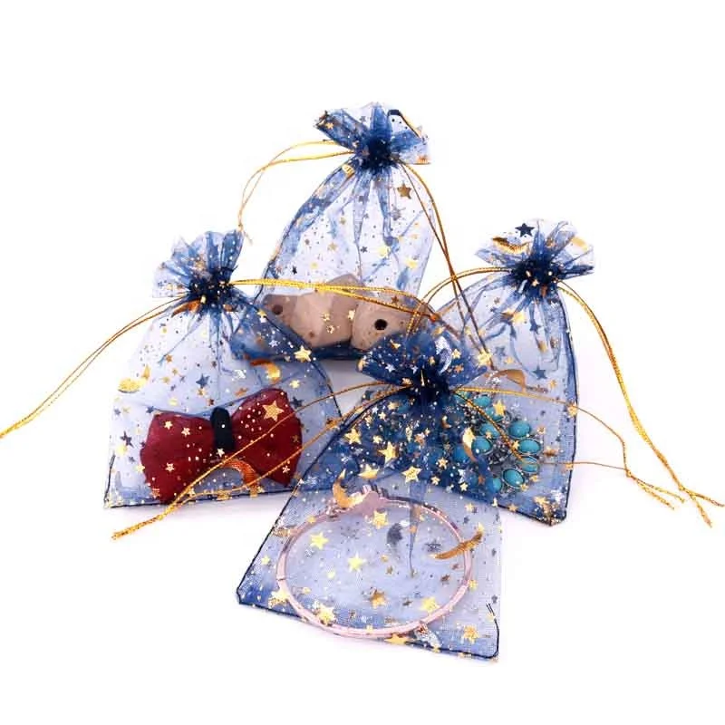 Promotional Navy Organza Bags 7x9 9x12cm Small Wedding Party Favor Candy Gift Packaging Bags Moon Star Drawstring Pouch Gift Bag
