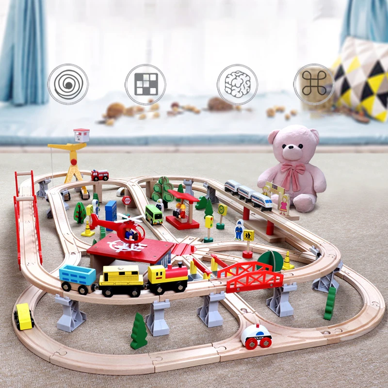 Wooden Toys Wholesale In Stock 133 Double-Deck Elevated Train Tracks Educational Toys Learning Race Track Toy