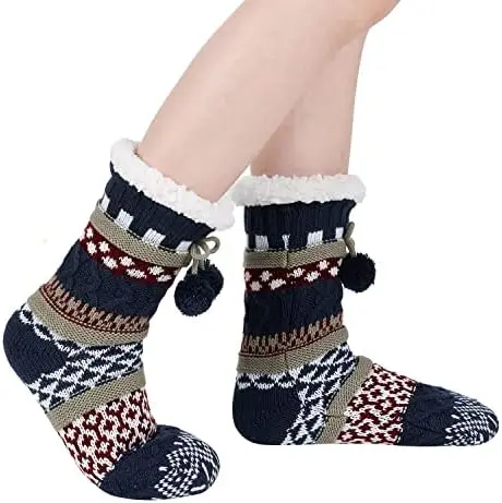 Xianghui new design Christmas style custom pattern logo warm winter sherpa fleece lined fleece socks non slip for men and women