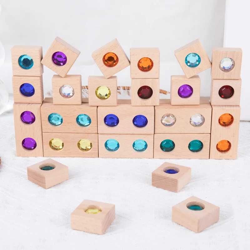 Wooden Acrylic Gemstone Building Blocks Dazzling Rainbow Crystal Children Construction Patchwork Pile Educations Toys For Kids