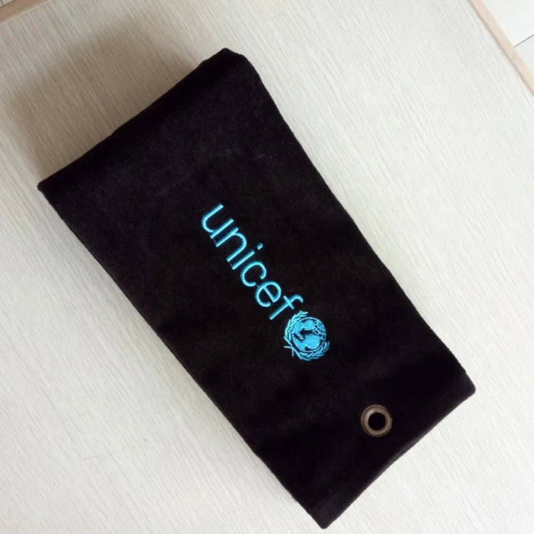 
100% cotton customized embroidery logo black jacquard velour golf towel 